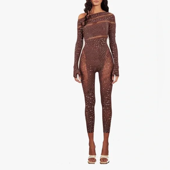 SOLD ❌Message me for reorder!New Chic Brown Rhinestone Jumpsuit one size - Picture 3 of 5